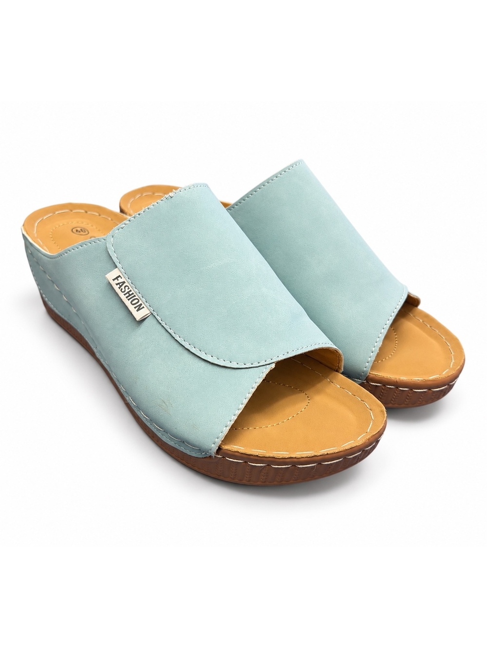 Yuanlong Sky Blue Wide Strap Open Toe Platform Wedge Slide Sandals (W 40)